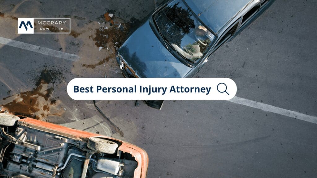 Car accident scene with an overlaid search bar displaying 'best personal injury attorney', symbolizing the search for expert legal aid in Denver, Aurora, and Boulder on the I Am Injured Colorado website of The McCrary Law Firm